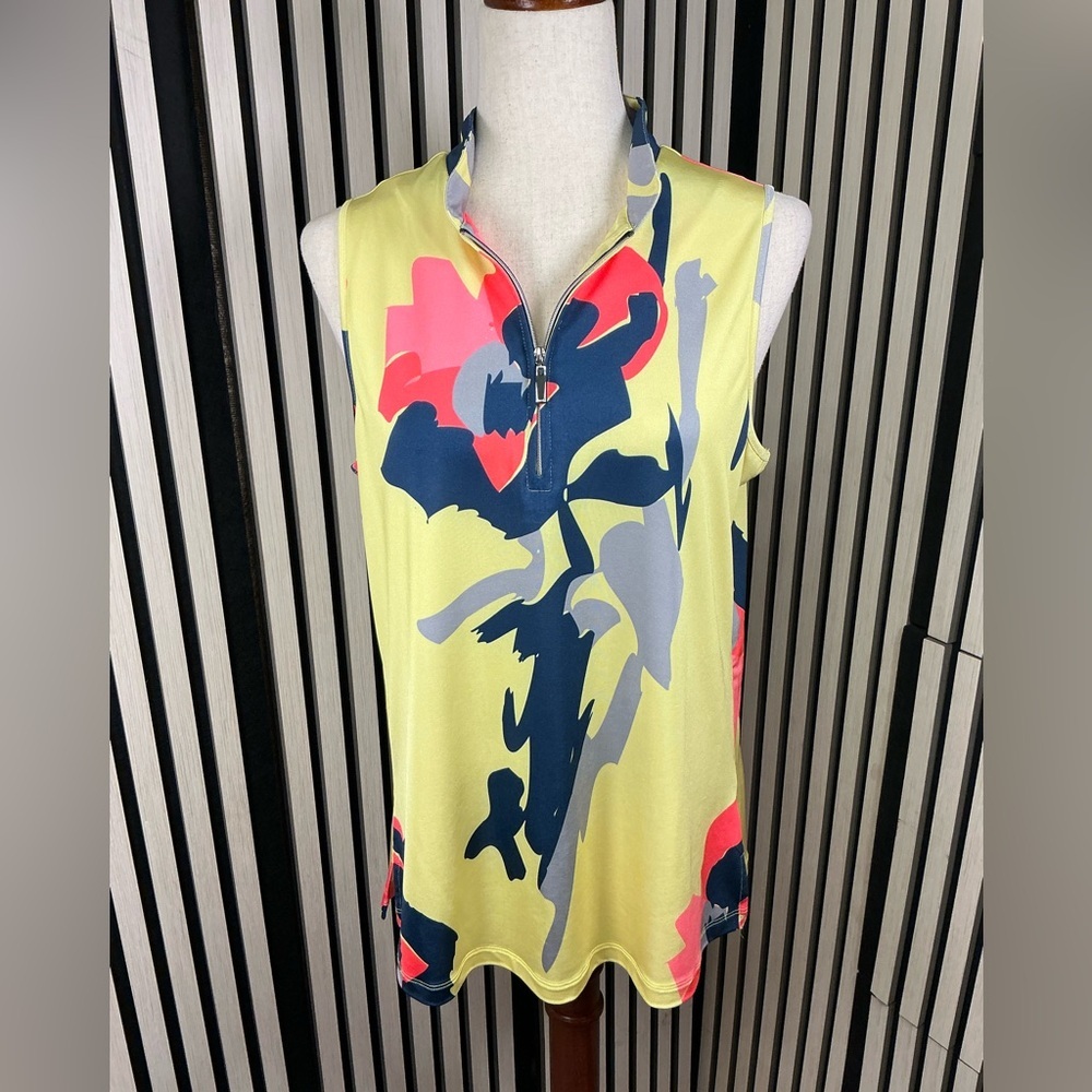 Simplicity Floral Zip-Up Golf Tank Top - Yellow and Pink, Sz L